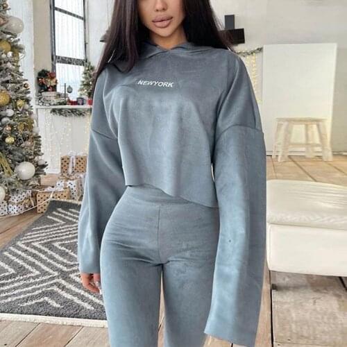 Women Fleece Yoga Two Piece Sets Letter Print Slim Sportwear Tracksuit Long Sleeve Cropped Hoodie And Elastic Sweatpant Suits