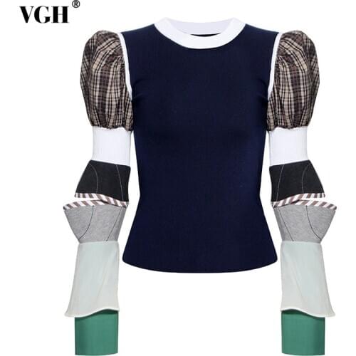 VGH Casual Patchwork Plaid Knitted Tops Female Puff Sleeve Removable Long Sleeves Sweater Women Fashion Clothes 2020 Autumn New