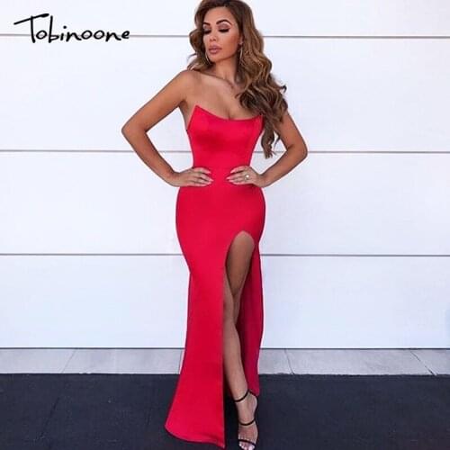 Tobinoone Sexy Strapless Red Maxi Dress Long Backless Off Shoulder High Split Dress Women Sleeveless Elegant Party Dress