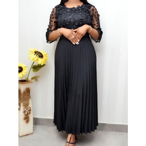 Women Long Pleated Dresses Appliques Flower Stitching Maxi Black Dress Elegant Lady Big Size Date Night Robes Summer Fall 2021