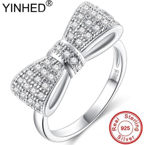 YINHED Real Solid 925 Sterling Silver Ring Fashion Women Gift Shiny Zircon CZ Bow-knot Wedding Band Engagement Jewelry ZR598