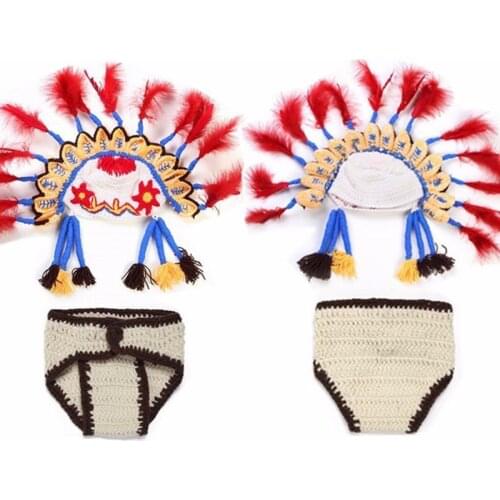 2Pcs/Set Newborn Photography Props Newborn Handmade Crochet Knit Clothes Set Indian Chief Hat Indian Style Baby Photo Costume