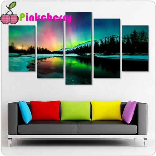 5 Panel Colorful Aurora Borealis diamond painting cross stitch Full Square Round diamond embroidery mosaic Landscape k1646