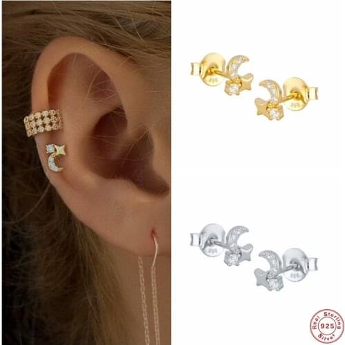 Aide 925 Sterling Silver White Zircon Moon Star Stud Earrings For Women Luxury Fashion Crystal CZ Piercing Ear Stud Jewelry Gift