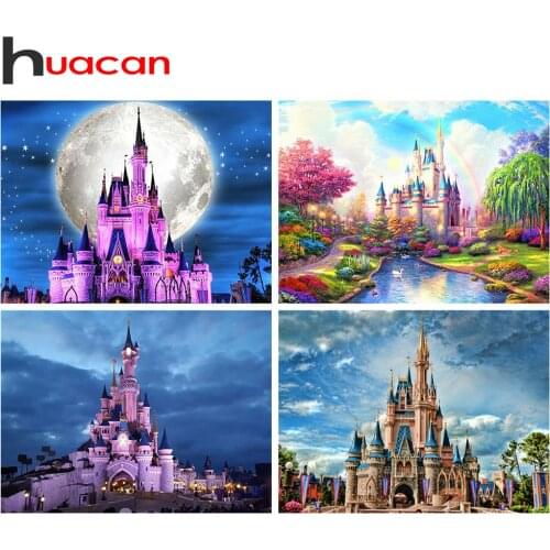 Huacan 5d Diamond Embroidery Cross Stitch Fantasy Castle Diamond Painting Mosaic Moon Lake Landscape Modular Pictures