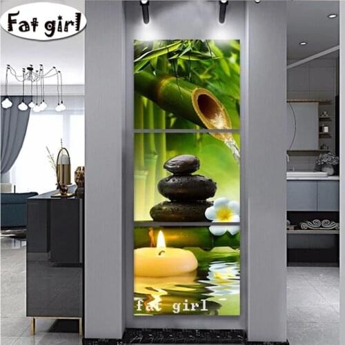 Diamond Painting Diy 3 Pieces Green Bamboo Flowing Water Flower Spa Zen Store Diamond Embroidery Triptych Mosaic Aisle Decor