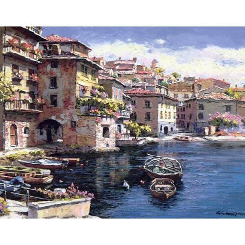 Free shipping mediterranean boat seascape impression flower house oil painting canvas printing on canvas wall decoration picture