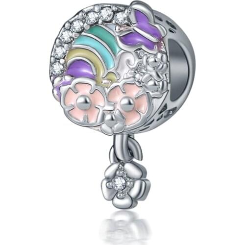 Sterling silver 925 enamel rainbow beads flower charm fit original Pandora bracelet women brand jewelry pendant making gift DIY
