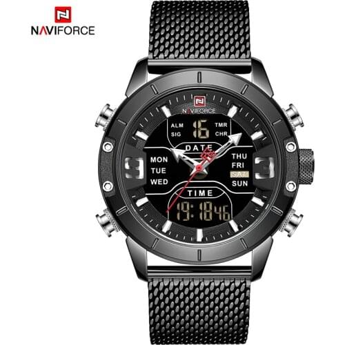 NAVIFORCE Men Watch Casual Fashion Dual Time Led Digital Waterproof Stainless Steel Strap Chronograph Alarm Week Display Watches