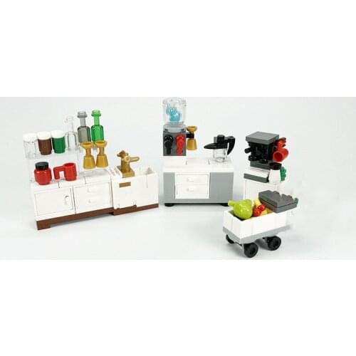 Children MOC Kitchen Accessor DIY Toys Accessories Bricks Tea cabinet Drinking founta Water Dispenser Kitchen Set for Kids Gifts