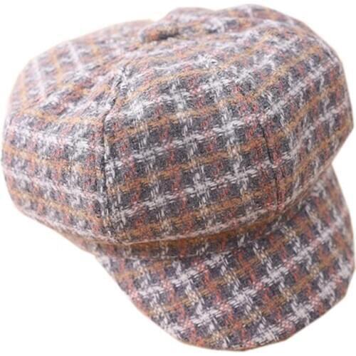 Kids Girls Retro Plaid Octagonal Hats Newsboy Flat Cap Fall Winter Artist Painter Beret with Visor Bill
