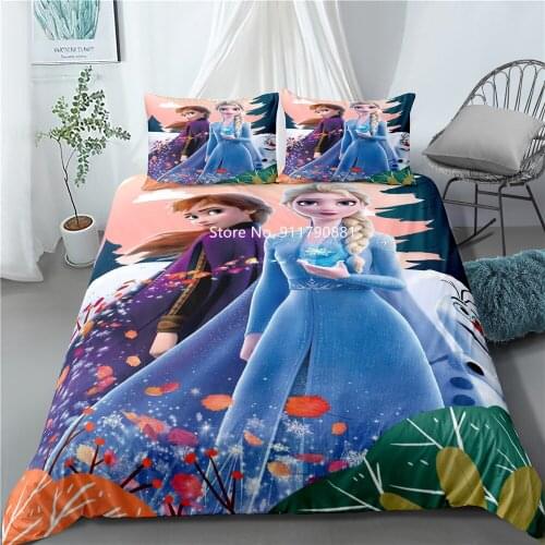 Home Fabric Disney Princess Elsa Anna Lovely Olaf Pattern Bedding Pink Blue Duvet Quilt Cover Pillowcase Girl Bedroom Decor