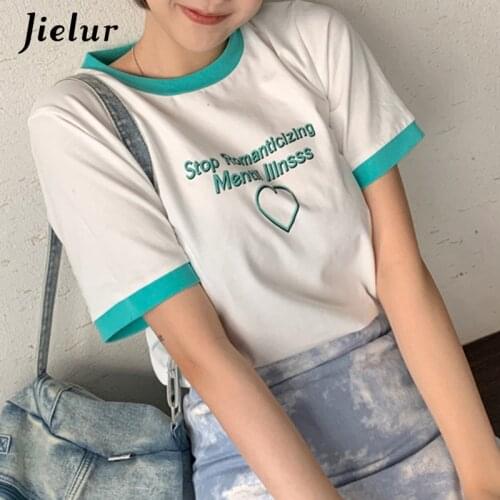 Jielur 2021 Summer Love Letter Printing T-shirt Women Loose O-neck Short-sleeved T-shirt Femme Pink White Casual Tops for Womens