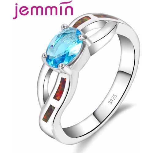 New Finding Fashion Cross Rainbow Fire Opal Loop Blue Oval Shape Ring 925 Sterling Silver Crystal Jewelry Ring