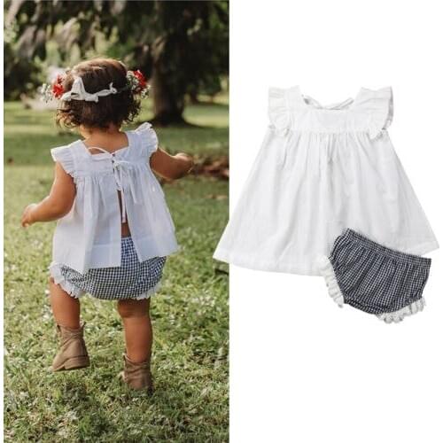 Newborn Infant Baby Girls Set Off Shoulder Dress Tops+Checked Lace Plaid Print Shorts Outfits
