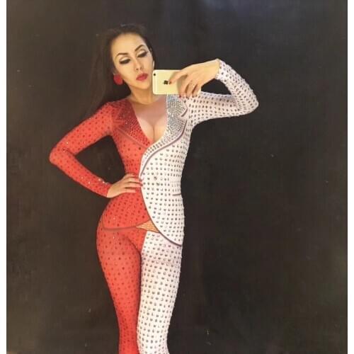 Red White Splice Suits Pattern Jumpsuit Female Singer Sexy Stage Outfit Bodysuit One-piece Costume Glisten Stretch Rompers