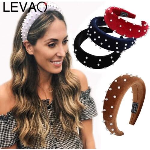 LEVAO Fashion Western Style Solid Colors Pearl Thicken Padded Hairbands Bezel Turban Women Headbands Girls Accessories Headwear