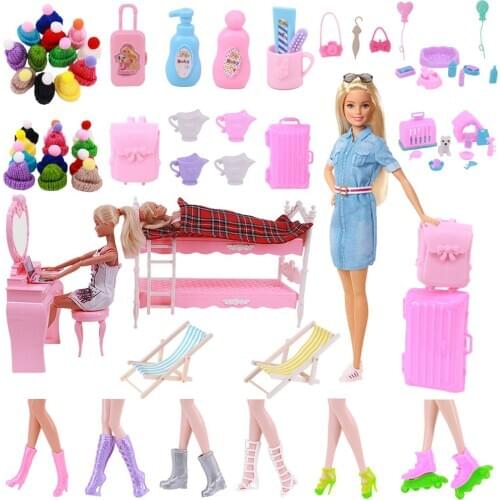 Barbies Doll Clothes Shoes Hat Mini Travel Toy Luggage Furniture Bed Chair FreeShipping For Barbie Doll Accessories Girl`s Gift