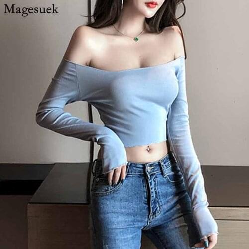Fashion Sexy Versatile Slash Neck Slimming T-shirt Long Sleeve Solid Short Tops Autumn Casual Women Blouse Cotton Blusas 12576