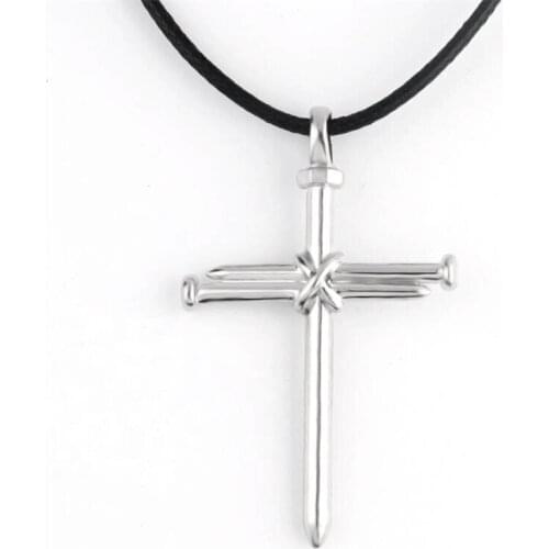 2021 New Fashion Cross Necklace Men Punk Nail Styling Silver Color Pendant Leather Rope Chain Creative Necklace Gifts Jewelry