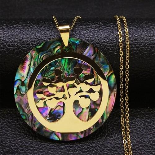 Tree of Life Abalone Stainless Steel Chokers Necklace Gold Color Big Round Necklace Jewelry chaine acier inoxydable NXS04