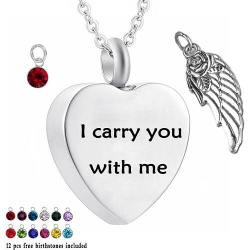 I carry you with me - 12 Piece Birthstone Crystal Urn Necklace Heart Memorial Keepsake Holder Pendant Ashes Cremation Jewelry