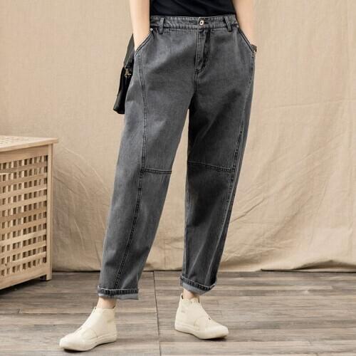 All-Matched Casual Cotton Denim Harem Pants Plus Size Spring Korea Fashion Women High Waist Loose Vintage Gray Jeans