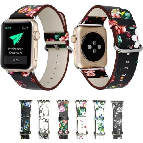 Leather Watch Strap for Apple Watch Band 38mm 42mm 44mm 40mm Flower Printed Strap Band for Iwatch SE 6 5 4 3 2 1 Bracelet Belt