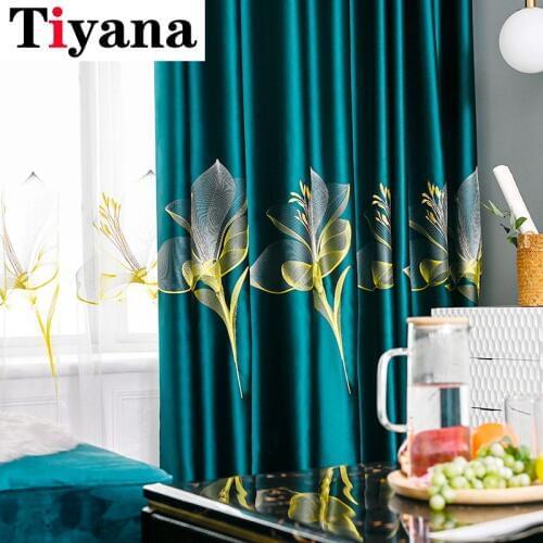 Luxury Dark green Curtains with Lily Embroidery for Bedroom Living room Window Treatment Sheer Blue Tulle Curtains ZH449Y