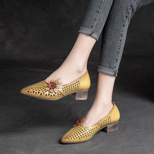 Women High Heels Leather Summer Shoes For Women Sandal Hollow Out Genuine Leather Flower Shoes Pointed Toe For Ladies Brand2021