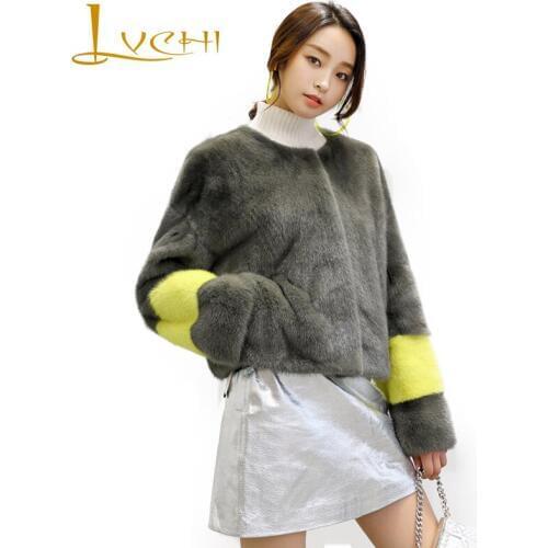 LVCHI Winter Female Long Sleeve Striped Mink Coats Real Fur Jacket High-Grade Natural Fur Mink Womens O-Neck Short Mink Coat