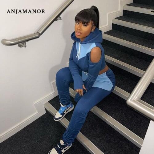 ANJAMANOR Sport Autumn Two Piece Set Streetwear Woman Athleisure Tracksuit Fleece Hoodies Jacket and Stacked Sweatpants D85-DF36