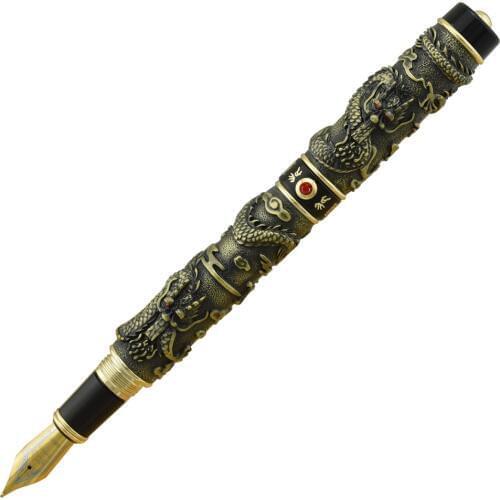 Jinhao Vintage Luxurious Fountain Pen Double Dragon Playing Pearl, Metal Carving Embossing Heavy Pen Bronze for Office School