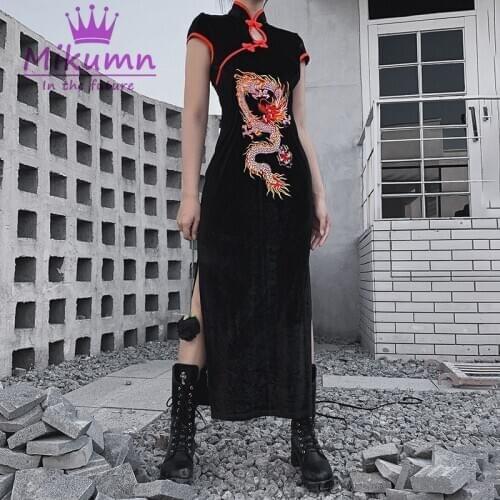 Harajuku Vintage Chinese Style Sexy Split Long Cheongsam Vestidos Women Gothic Dragon Embroidery Slim Black Maxi Dress
