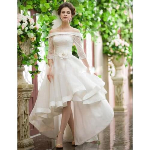 Vintage Style High Low Wedding Dresses Off Shoulder Half Sleeve Flower Belt Lace Organza Short Frong Long Back Bridal Gowns Cust