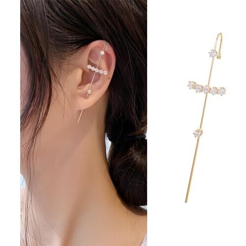 Vintage Bohemian Crystal Ear Climber Earrings For Women Men Gold Chain Stud Earrings Pearl Ear Hook Cuff Earring Jewelry