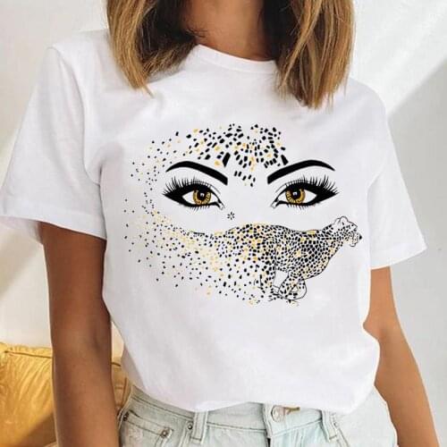Women Eyelash Leopard Cute Make Up 2021 Female Short Sleeve Cartoon Print Cute Ladies Tees Tshirt Clothes Tops Graphic T-Shirt