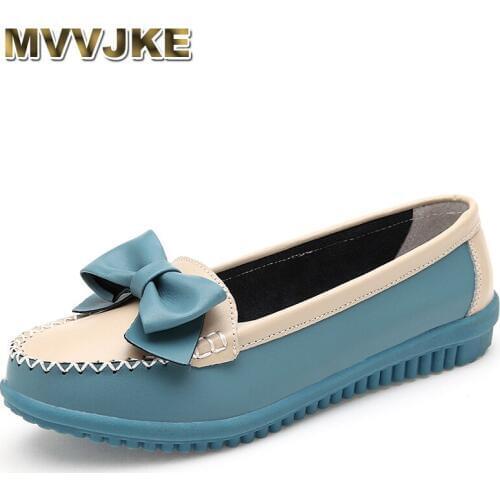 MVVJKE New Women Flat New Fashion Genuine Leather Women Shoes Woman Round Toe Slip On Bowtie Sweet Style Leisure Flats Shoes