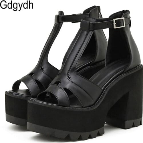 Gdgydh Open Toe Vintage Gladiator Sandals Women Shoes High Heels Black Leather PU T-strap Gothic Style Chunky Heel With Zipper