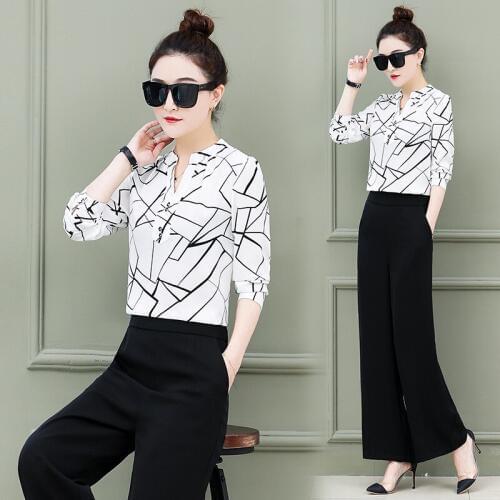 Womens suit 2019 autumn new fashion loose chiffon shirt casual wide leg pants two sets of temperament wild womens clothing