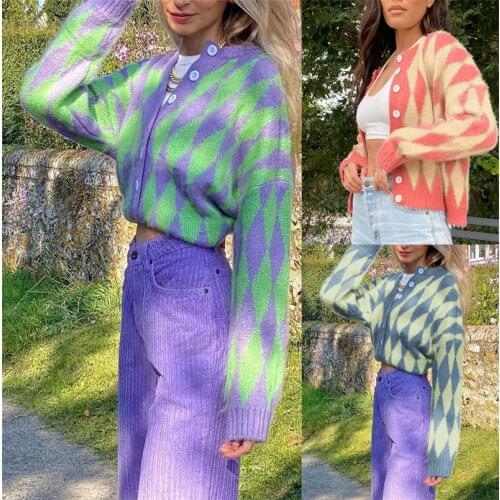 2021 Fashion Printing Single-breasted O-neck Knit Tops Female Casual Streetwear Cardigan Sweaters Autumn New Sweater Women