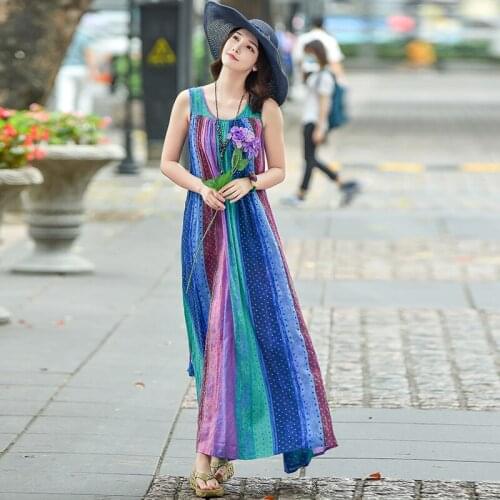 National Large size sleeveless dress Striped women dresses with belt loose slim wave point dress Vest dresses