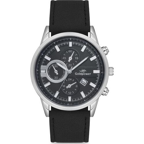 GoldPower Black Leather Cord Metal Black Dial Silver Case Minarel Men Wristwatch Clock