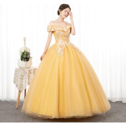 Luxury yellow slash collar embroidery princess fairy ball gown opera medieval Renaissance Victoria dress ball gown