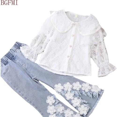 Teenage Girls Pearl Lace White Shirt + Flared Pants Spring Autumn Fashion Denim Elastic Nine-point Slimming Flower Ripped Jeans