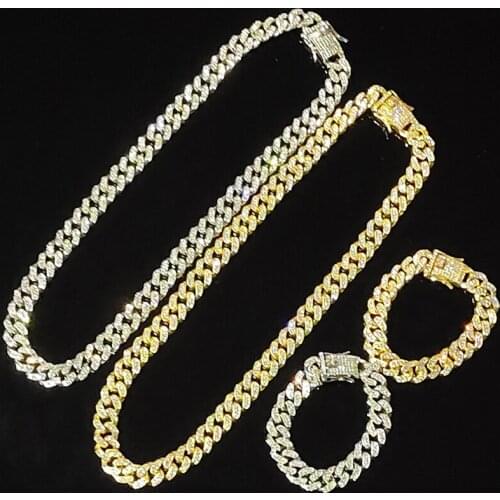 Hip Hop Iced Out Bracelet Paved Rhinestones 12MM Full Miami Cuban Chain CZ Bling Rapper Necklaces For Men Women Jewelry