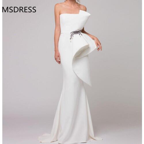 Elegant Formal Dress White Evening Dresses 2019 Satin Ruffles Beaded Saudi Arabic Mermaid Evening Gown Long abendkleider
