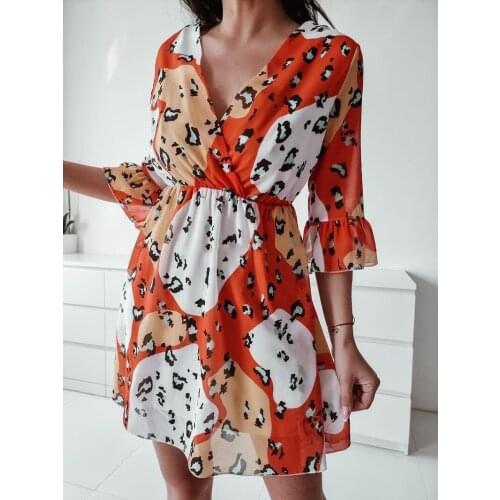 Leopard Print Casual Fashion Summer Womens Dress Half Sleeve V-neck A-line Dress