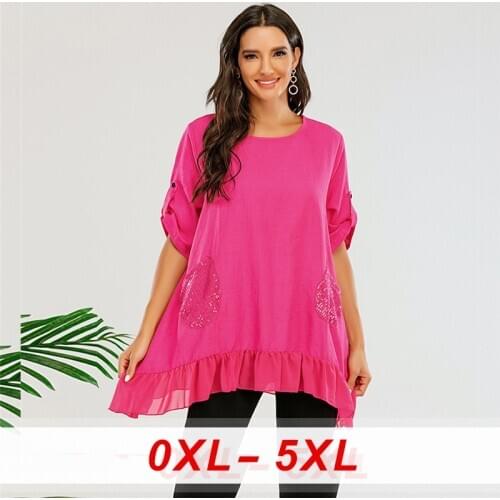 Summer 2020 New Half Sleeve Sequined Long T-Shirts Women Tops Plus Size Loose Fashion Solid Color Flower Ruffled Female Top