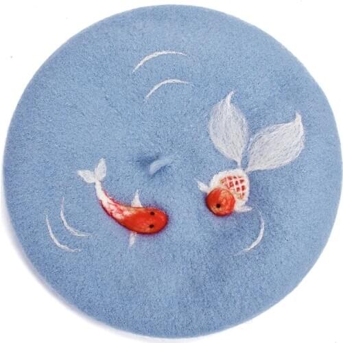 Cute Goldfish Berets Princess Sweet Lolita Hat Vintage Handmade Fish Hat Real Woolen Warm Winter Beret Manual Wool Felt Beret